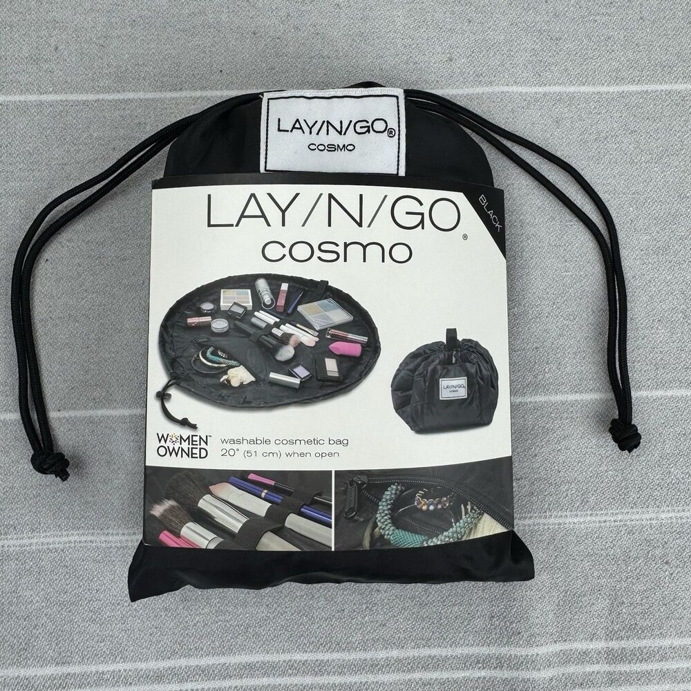 NWT Lay-N-Go Cosmo 20” Washable Cosmetic Bag Drawstring Cinch Mat Black